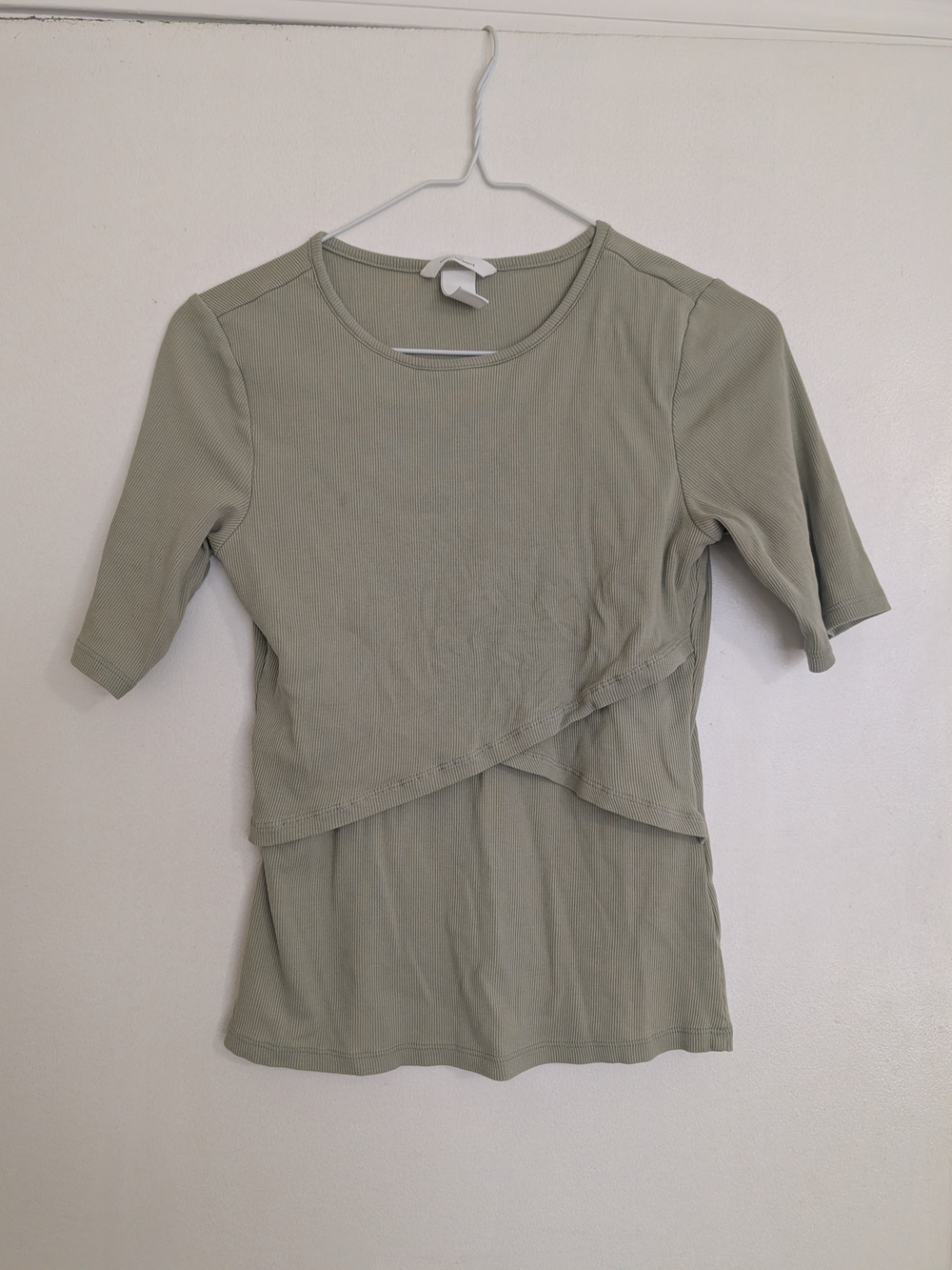 H&M MAMA Sage Green Ribbed Nursing Top Short Sleeve Double Layer Postpartum S